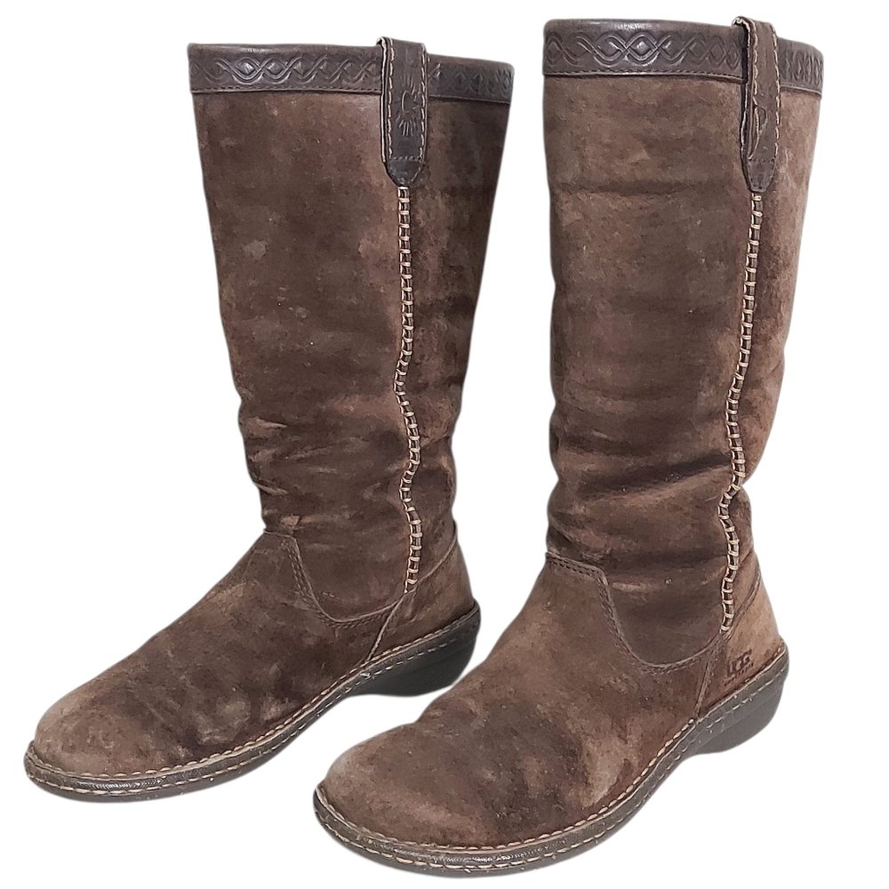 UGG Brown Leather Sheepskin Boots Women Size 7 Slouchy Pullon Cozy Winter Shoes